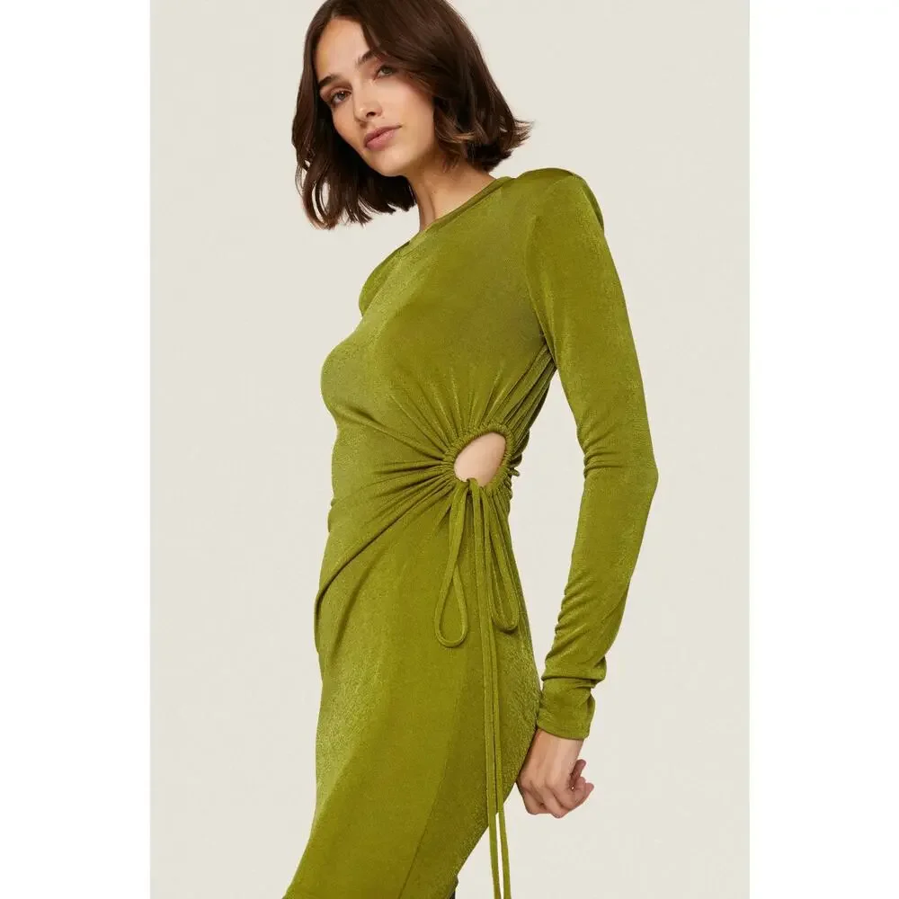 Louna Slinky Dress Green Jersey Knit Mini Waist Cut Out Bodycon Long Sleeve Sz M - Picture 2 of 13
